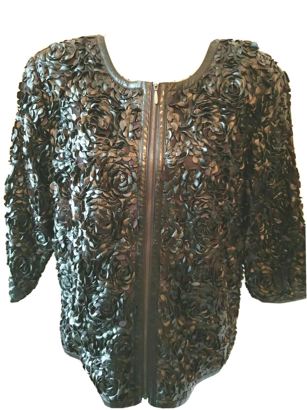 Doncaster Collection Black Ruffled Sheer Lined Zipper Jacket Blazer 14W Plus